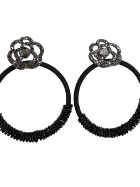 Black Hoop Earrings with Floral Studs rhinestone elegant